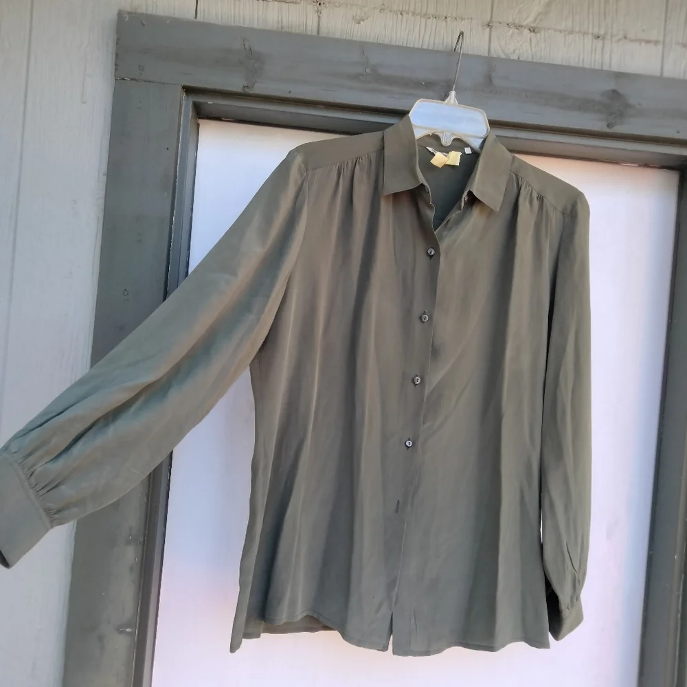 VTG Lorenzini Made In Italy Long Sleeve Button Down Green Silk Shirt Women's M/L